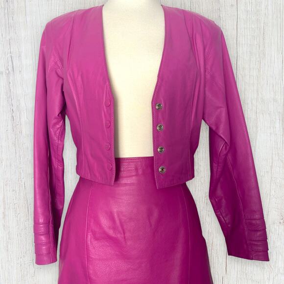 Vintage 80s Yucatan Bay Pink 2 Piece Leather Mini Skirt Jacket Matching Suit Set - Picture 4 of 14